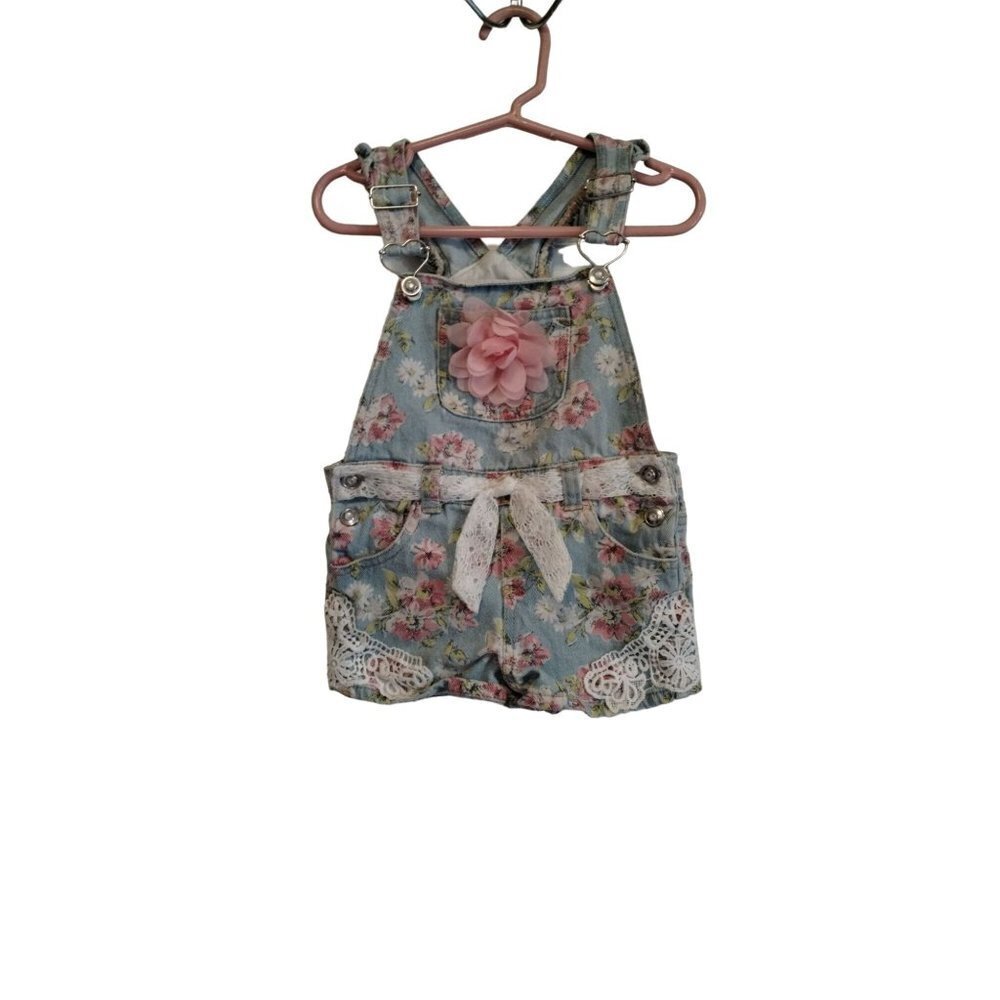 Girls blue and pink‎ floral and lace overalls